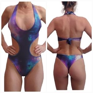 Small Galaxy Blue & Purple One-Piece Bathing Suit with Torso Cut Outs Monokini